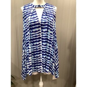 Emprali Women Blue White Abstract Print Sleeveless Keyhole Neck Tunic Top Size S